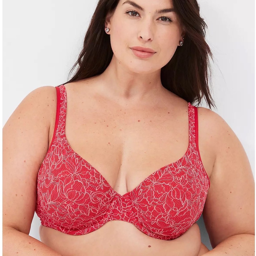 Cacique‎ Red Floral Lace Unlined Demi Bra Underwire Plus Size 44DDD Lane Bryant